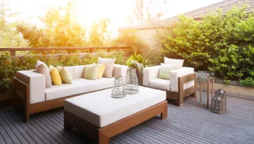 Outdoor furniture on deck.